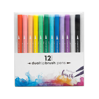    VERLAAGDE PRIJS | Dual tip brushpennen met fineliner &ndash; set van 12 pennen