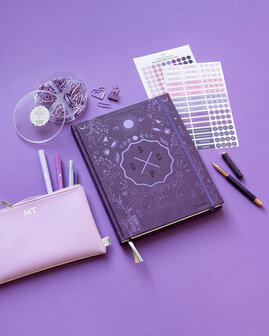 Paarse Planner met paarse pen en washi set, pennenzak en klemmetjes