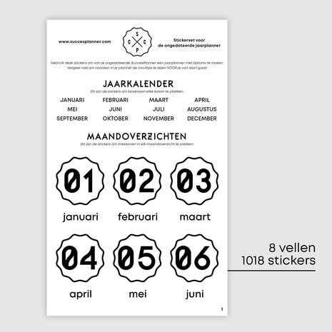 Stickerset voor ongedateerde jaarplanner met uitleg 8 vellen en 1018 stickers