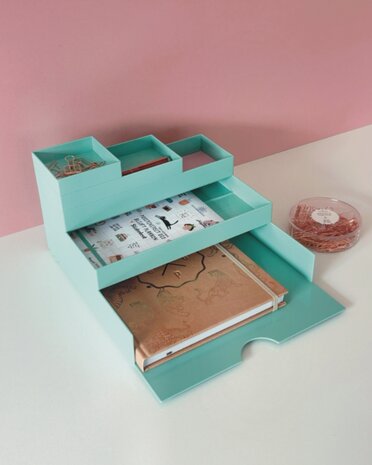 Deskset appelblauwzeegroen met modulaire trays