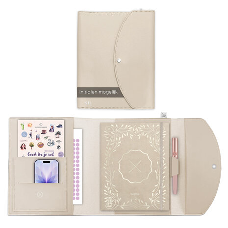 Zandkleurige organiser voor je agenda SuccesPlanner luxe schelpwit - klei kleur open geklapt, meerder insteekmapjes